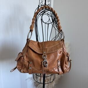 Francesco Biasia Secret Love Tan Leather Braided Strap Shoulder Satchel Bag Y2K